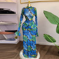 European and american women's clothing  autumn new collection: sweet and fresh printed mock neck long sleeve high waist slimming maxi dress