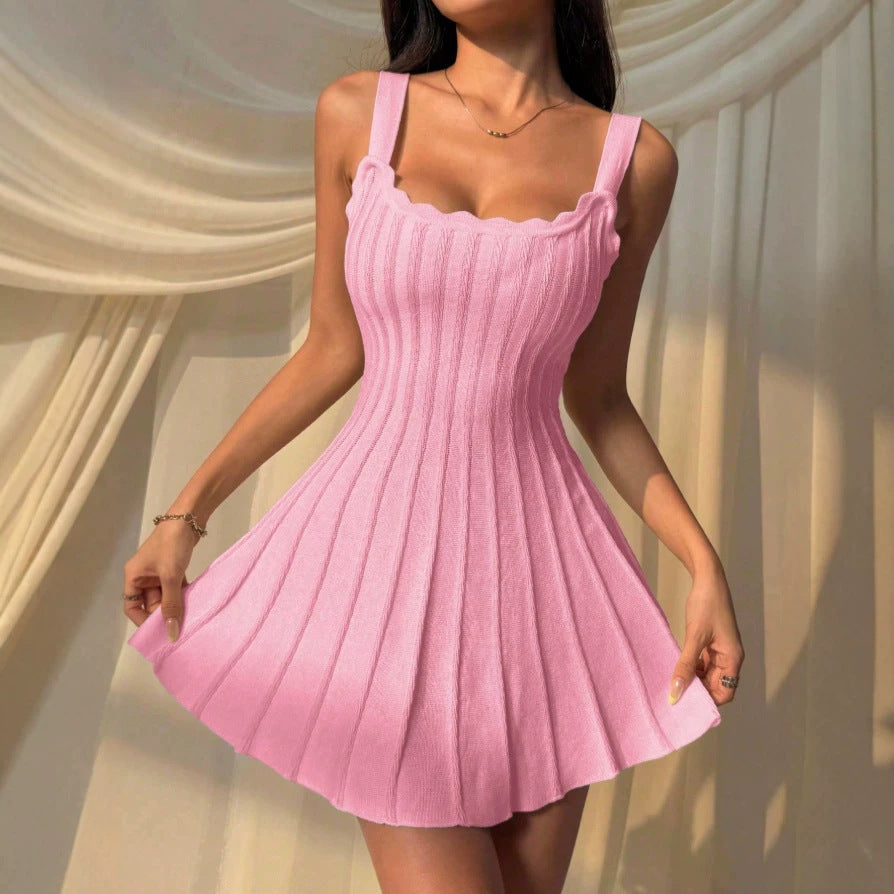summer new arrival: white knitted cami dress with cinched waist, unique design, sexy pleated mini dress for outerwear