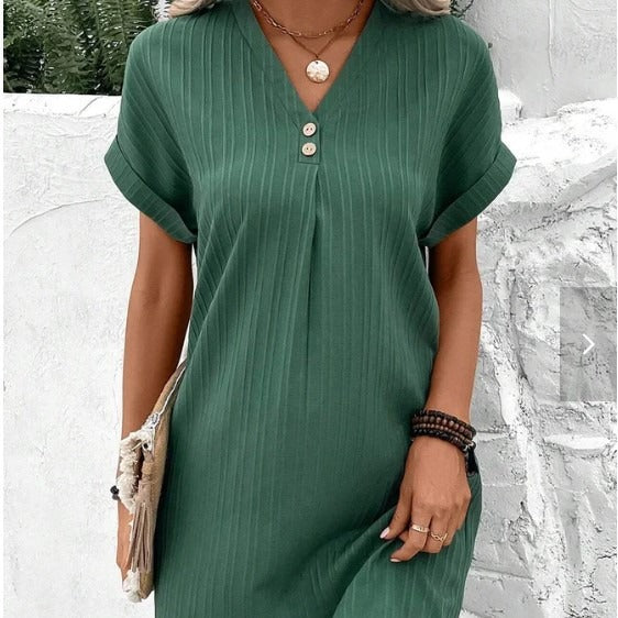 Cross-border European and American women's clothing 2025 new  V-neck solid color pullover button dress loose European and American style