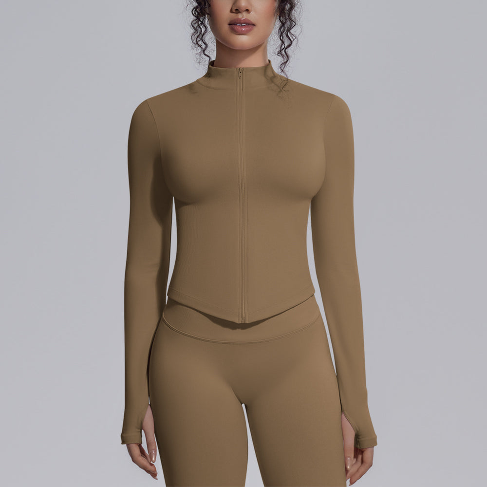 seamless pure color tight high elastic breathable stand collar zipper outwear sports running fitness yoga wear tops for women