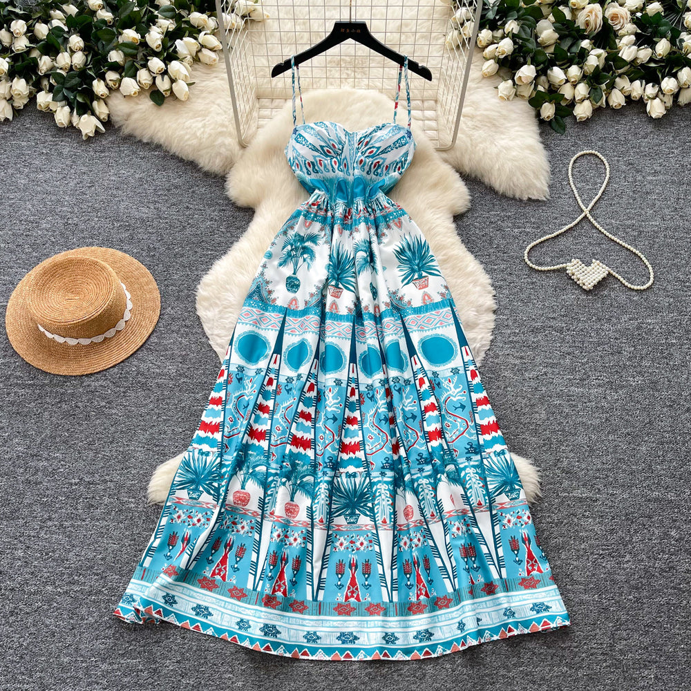 Vacation style printingtube top suspender dress women's summer blue printing sleeveless silm a-line skirt large hem long skirt