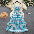 Vacation style printingtube top suspender dress women's summer blue printing sleeveless silm a-line skirt large hem long skirt