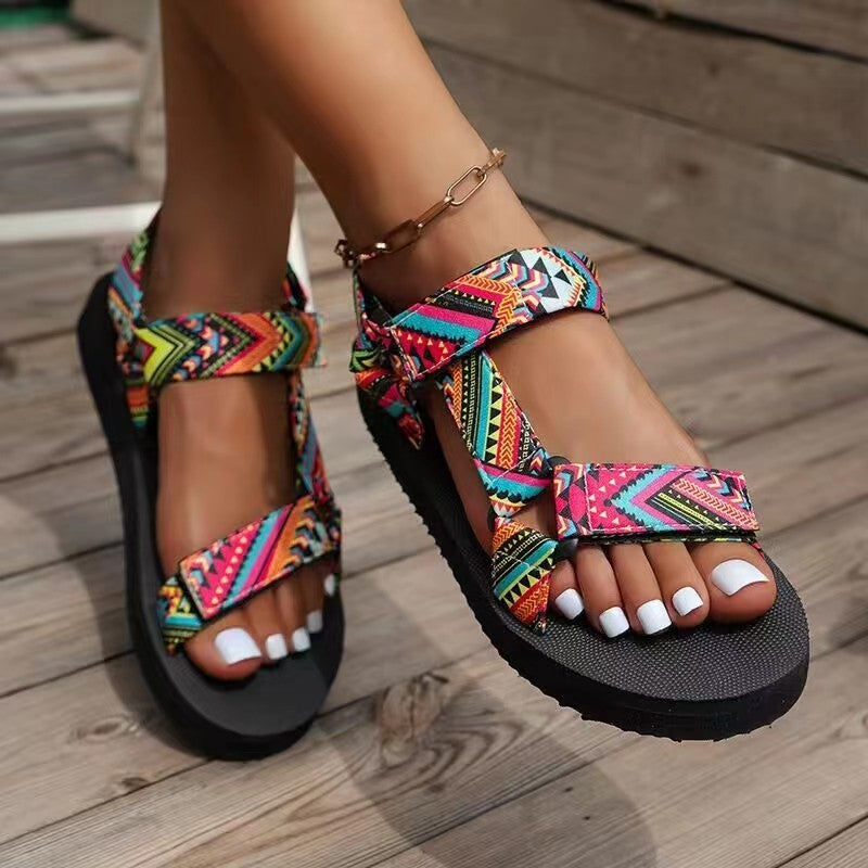 summer new arrivals: chunky sole canvas ethnic style women's peep-toe color block velcro beach sandals - plus size in stock