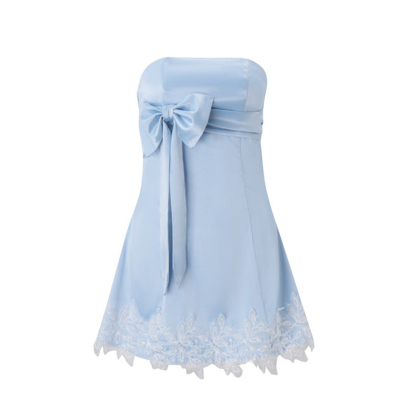 European and american women's clothing  summer new arrival: pure & sultry bandeau dress with bow tie straps, lace trim, and sleeveless off-the-shoulder design