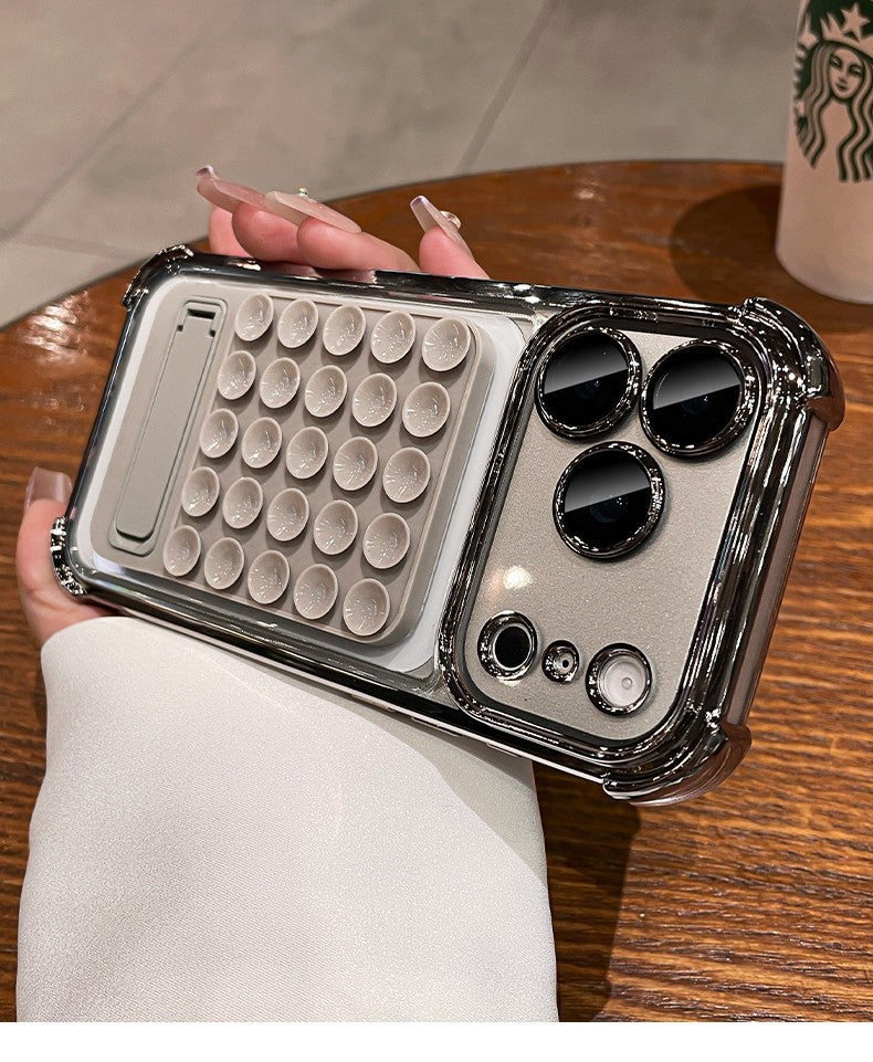 Silicone suction cup kickstand case for iphone 17 pro max, apple 15 electroplated four-corner shockproof phone case