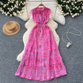 Frenchretroelegancedress women's classy stand collar sleeveless waist slimming look a-line floral pleated chiffon skirt