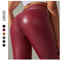 Clearance: yoga apparel, fitness activewear, leggings, pu leather pants (lightweight), high-waisted, slim-fit, ruched, butt-lifting pants