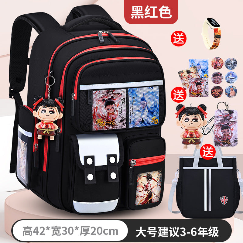 New nezha backpack for boys and girls, grades 1-6: spine protection, lightweight design, and extra-large capacity