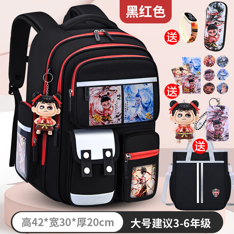 New nezha backpack for boys and girls, grades 1-6: spine protection, lightweight design, and extra-large capacity