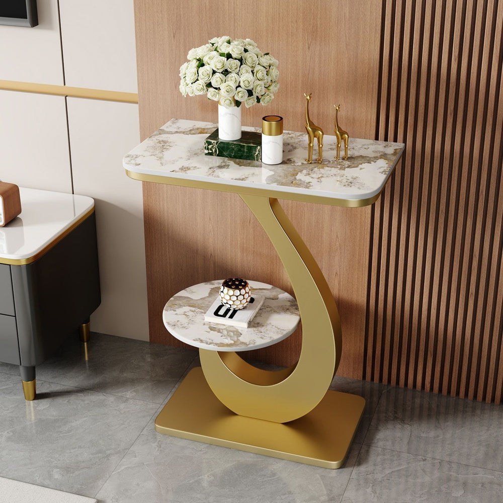 Accessible luxury modern slate side table small coffee table living room balcony double-layer round table sofa corner table side cabinet entrance storage rack