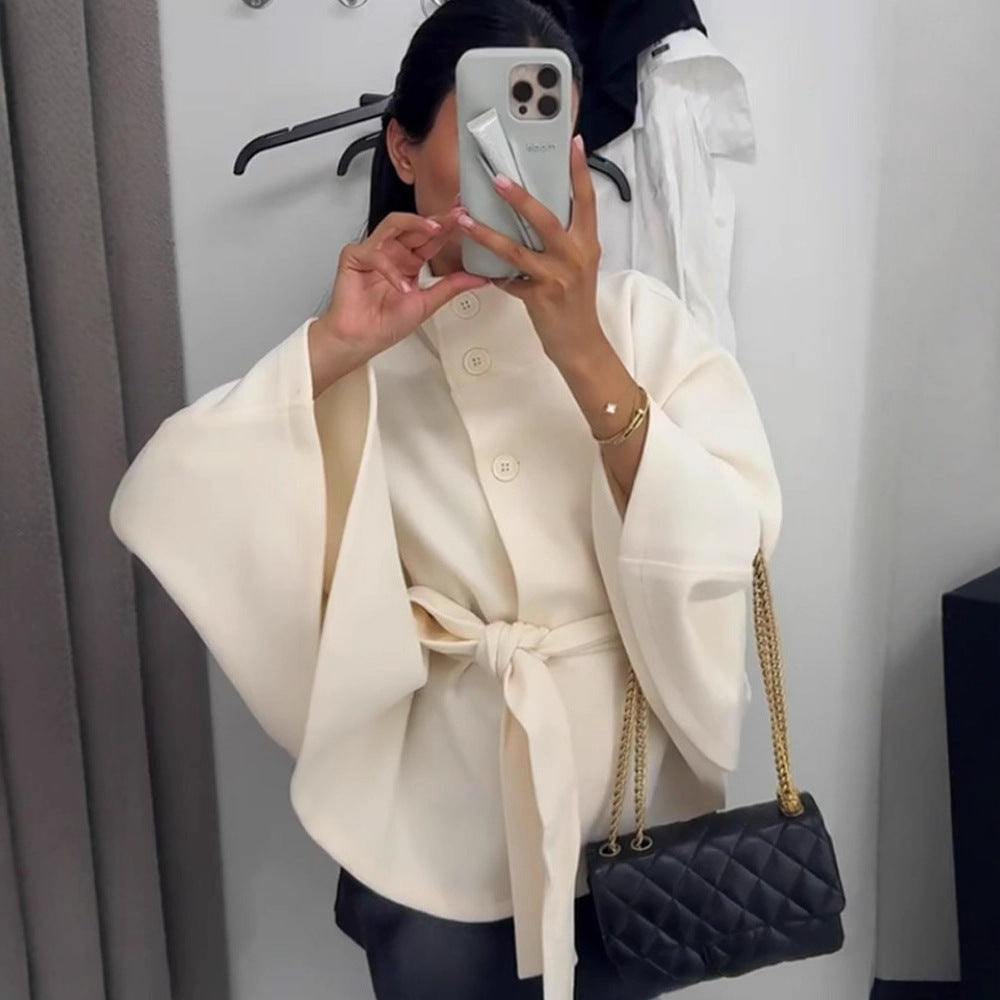 Sense of design stand collar waist slimming looktie backpure color woolenoutwear women 2025 cross-border fashion style new arrival