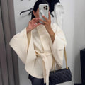 Sense of design stand collar waist slimming looktie backpure color woolenoutwear women 2025 cross-border fashion style new arrival