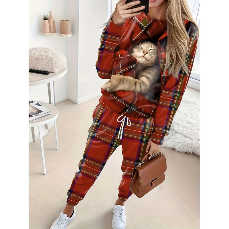 women's plaid cat print plus size two-piece outfit: long sleeve crewneck top and drawstring sweatpants