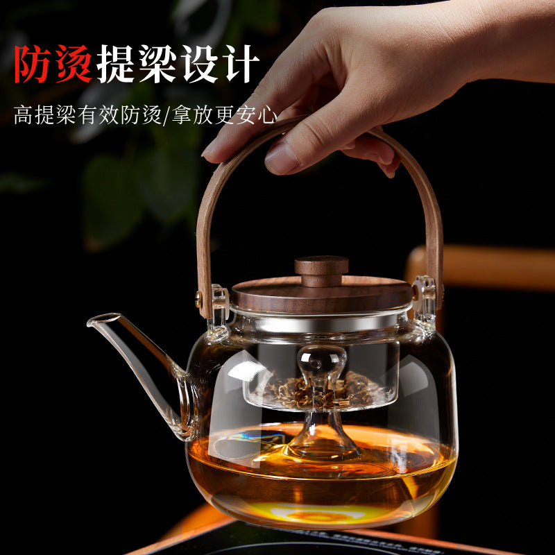 Walnut tea maker, vertical stripes glass teapot, double filter liner, tea stove, tea water separation, heat-resistant glass