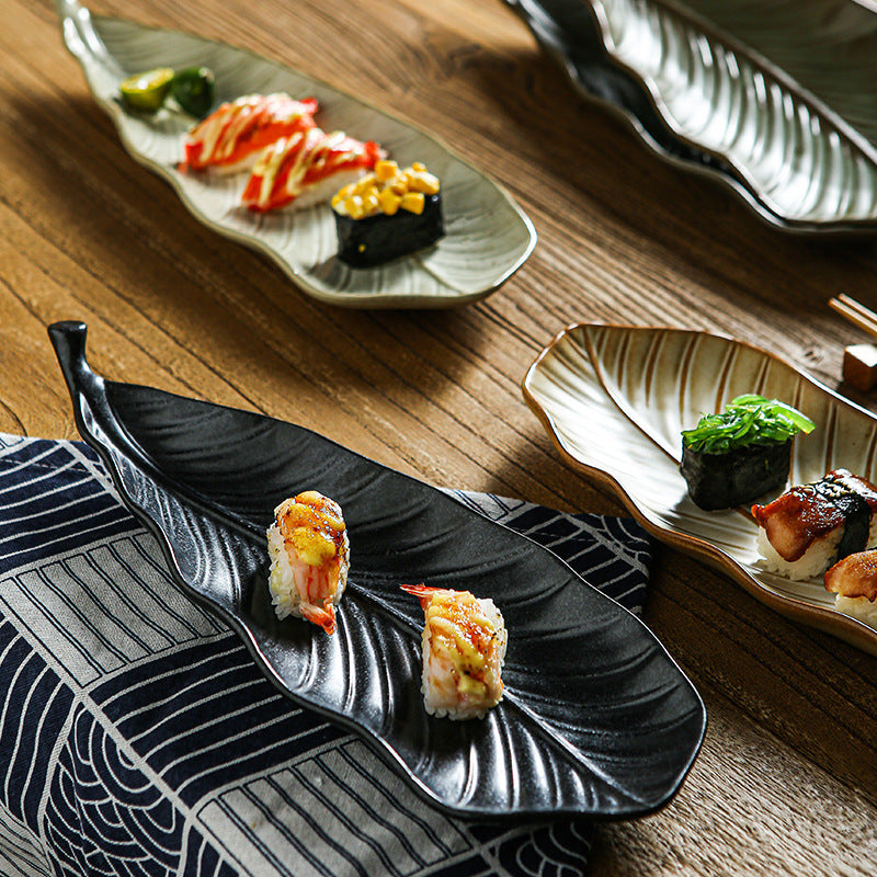 Vintage leaf ceramic creative long plate - sushi plate, western food & pastry plate, fruit & breakfast plate, exquisite dessert plate