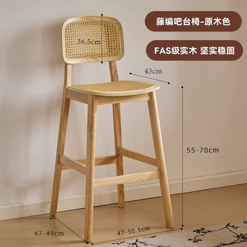 Casual modern rubber wood high bar stool wabi-sabi style rattan bar chair for home island chair other cloth dining chair