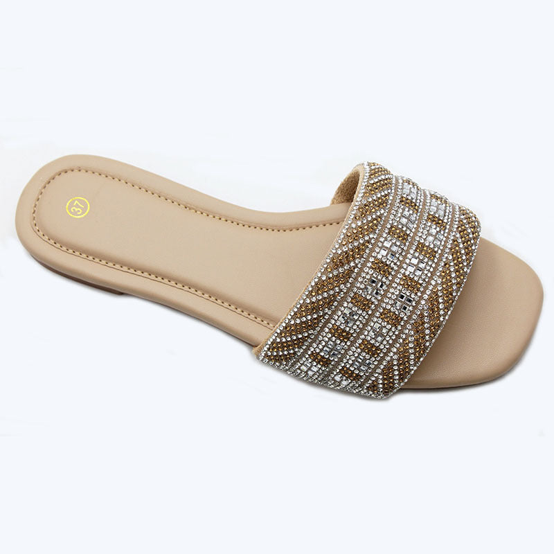 Factory Women Shoes New Design Rhinestone Cool Slippers Women's Flat Bottom One-Flip Beach Slippers
