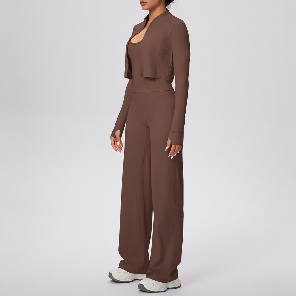 brushed tight drawstring halter vest wide-leg long three-piece set sports running fitness yoga suit