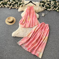 Fairy vacation outfit set:  summer french chic halter top with high-waisted printed midi skirt