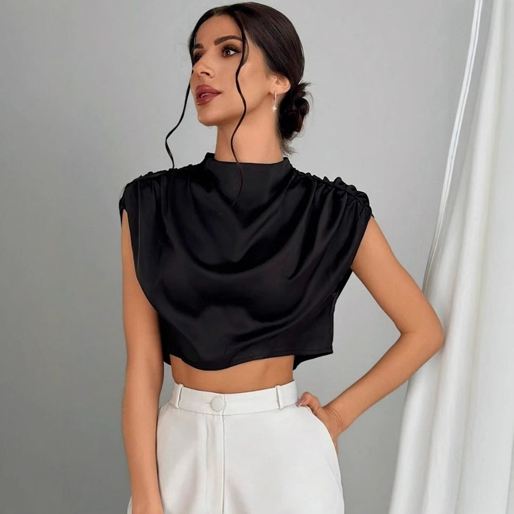 European and american style spring/summer pleated satin blouse - bestselling cross-border e-commerce item - satin-like silk cropped shirt