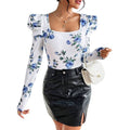 Women's floral print square neck puff sleeve top - long sleeve slim fit blouse, perfect for everyday wear and parties
