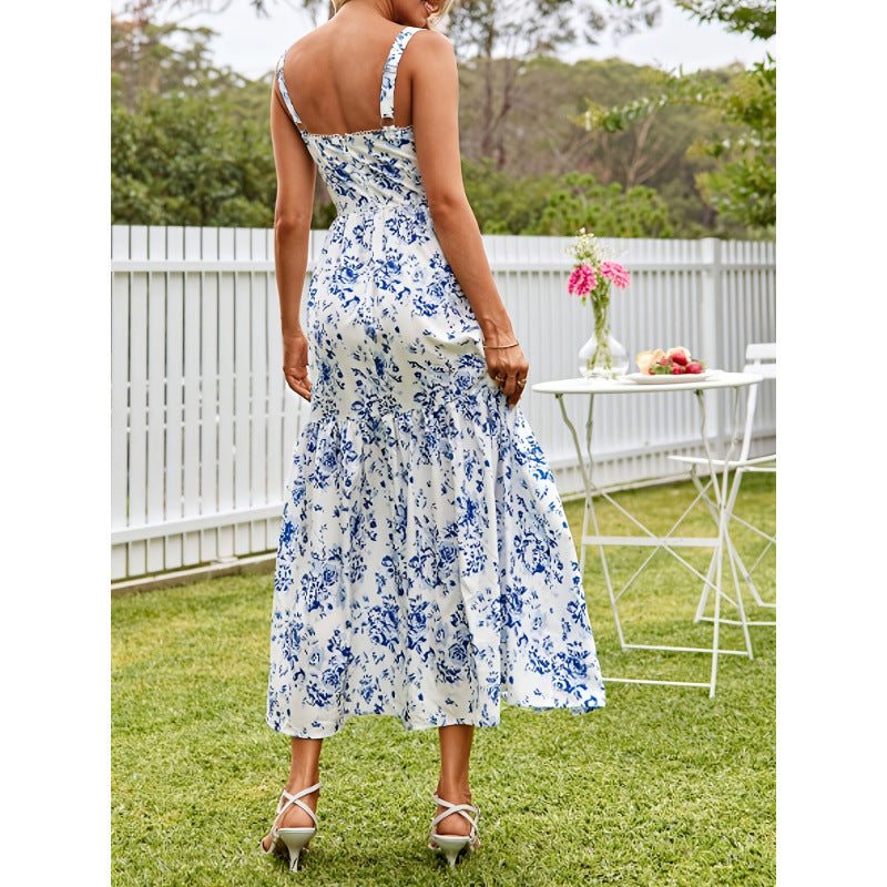 Aliexpress cross-border original design: women's elegant spaghetti strap vacation-style printed dress