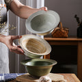 Vintage japanese-style handmade rustic pottery ribbed straw hat bowl ceramic dinnerware pasta plate creative salad plate home soup bowl