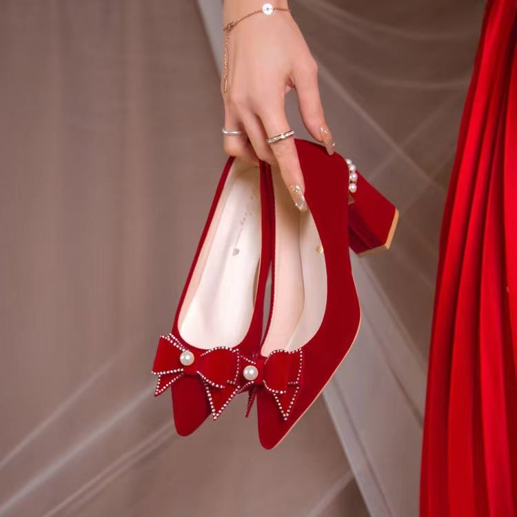 Chinese xiuhe wedding shoes for women 2024 new arrival wedding dress shoes thick heel non-tiring red engagement shoes bridal shoes