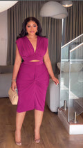 European and american cross-border women's fashion:  spring new arrival - solid color sleeveless ruched v-neck top & sexy bodycon two-piece set