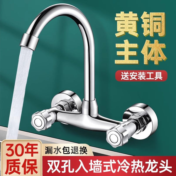 Wall type vegetable basin faucet brass double handle hot and cold faucet sink laundry pool balcony wash basin mixing valve