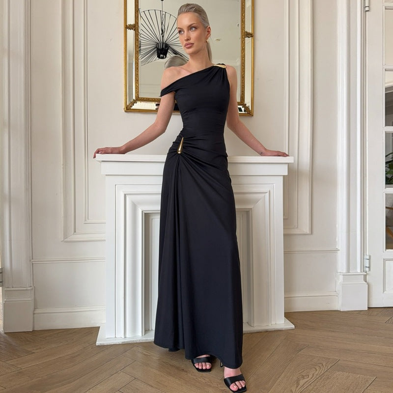 Amazon european and american women's clothing  summer new fashion sleeveless slant neck off-the-shoulder slim fit pleated slit dress