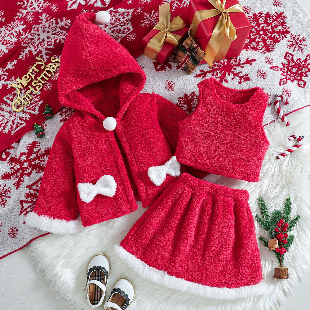 girlsuit red coral velvet hooded outwear vest tops skirtstuffedfall and winter three-piece suit