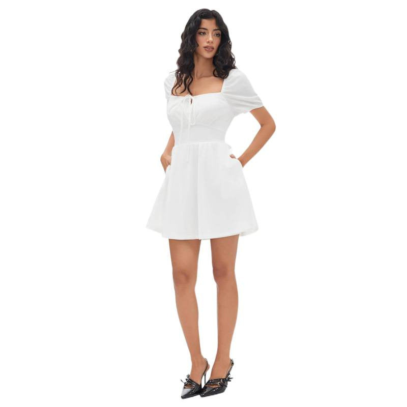 Amazon fashion puff sleeve tie back square neck dress women's  summer new cute silm skirt