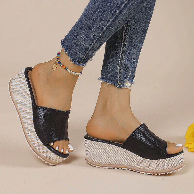 Thick sole high heel slippers for women  summer new arrivalfashion style one-shaped women's pure colorplus size wedge heel slippers