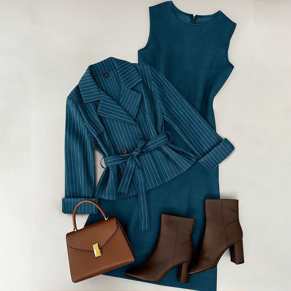 fashion  spring new women's two-piece set tie back suit + solid color skirt suit