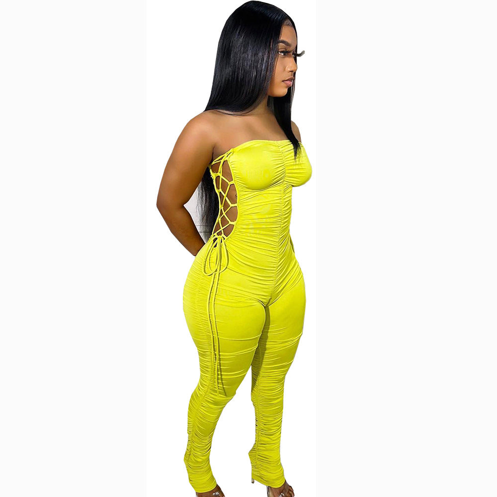 Fashion cross-border supply  women's clothing silm side tie pleated milk silk flat chest jumpsuit