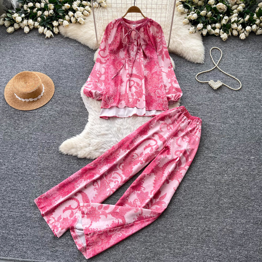 Light mature style printingtwo-piece set women's autumlong sleevestopswide leg pantswork clothingeasiest for matchsuitautumnew arrival