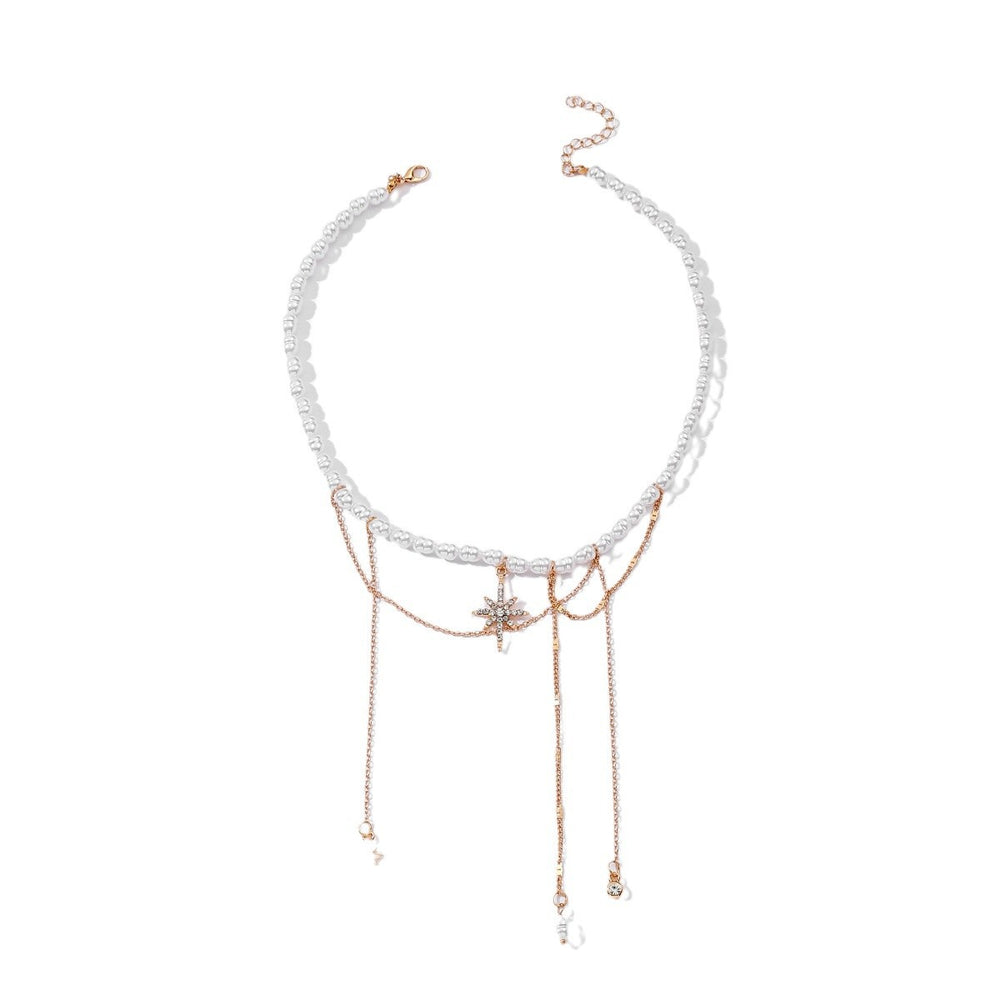 Bohemian pearl necklace wholesale fashion cross-border hot style jewelry stylish tassel alloy six-pointed clavicle chain for women
