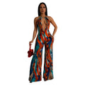C6930 cross-border   fashion women's printed sleeveless deep v color block backless long jumpsuit