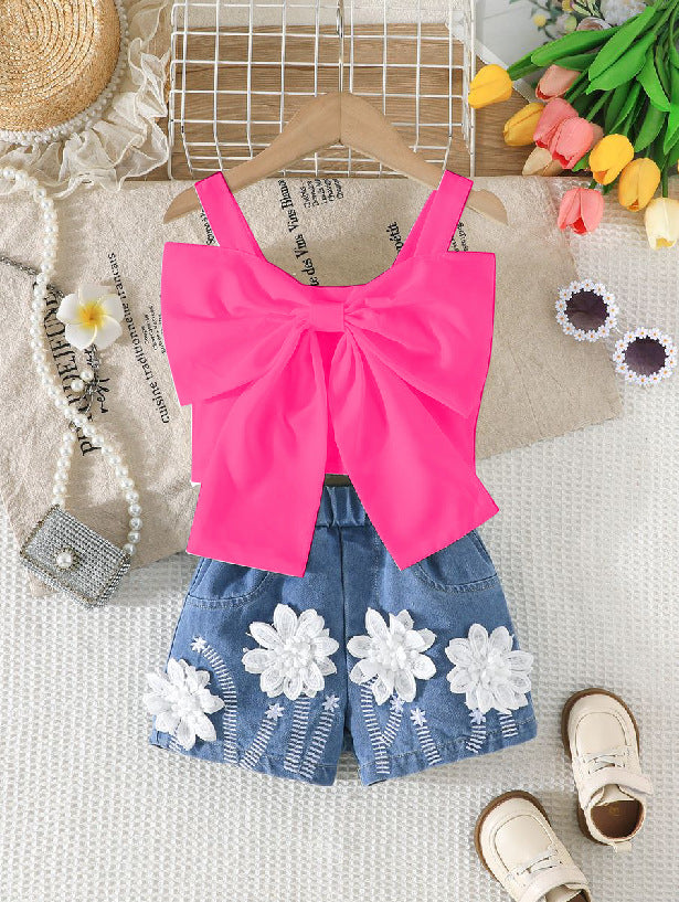 new european and american style girls' outfit: bowknot cami top + floral denim shorts set