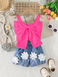new european and american style girls' outfit: bowknot cami top + floral denim shorts set