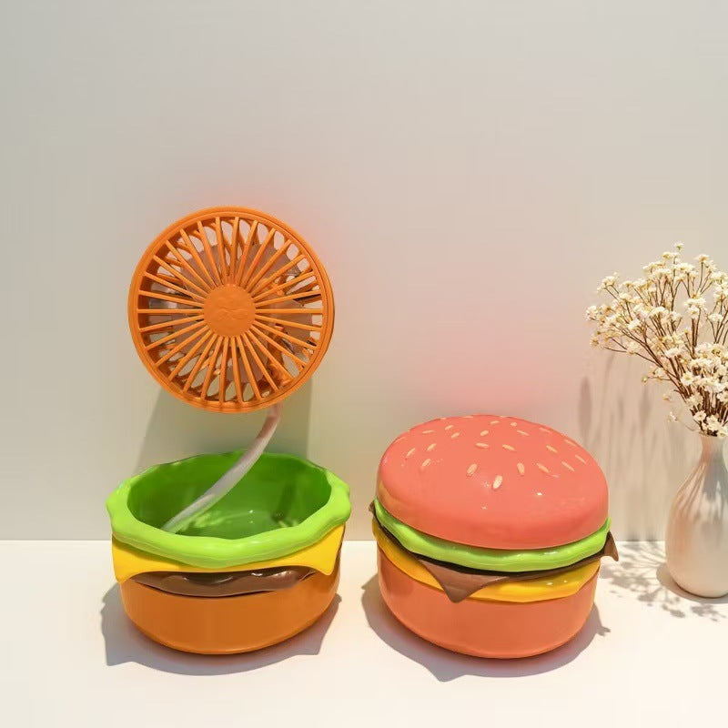 Creative burger mini fan with storage and makeup mirror, usb rechargeable, 3-speed adjustable, multifunctional desktop fan