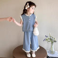 【dropshipping】girls' summer denim outfit  new style kids' tank top wide leg pants fashionable two-piece set baby