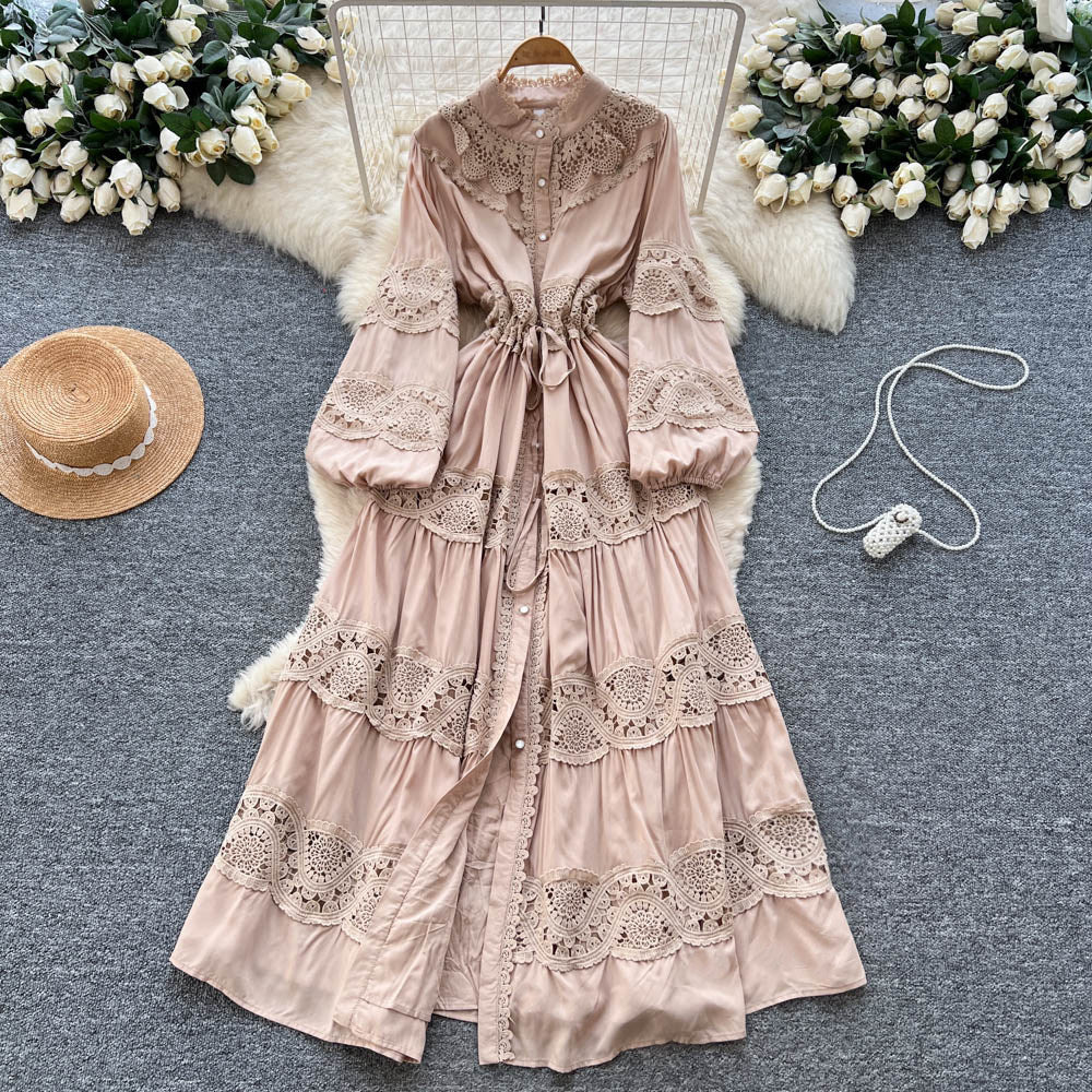 Frenchretrolacepatchworkcut outdress women's sweet strapslong sleeves waist tie backeleganceelegant long skirt