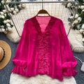 Korean style commute v-neck lace patchwork shirt women's long sleeve loose cardigan rose red top - autumn  collection