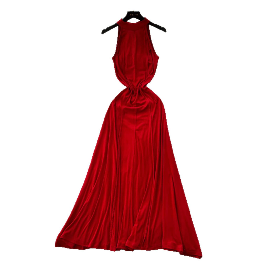 European and american pure desire style sleeveless dress women's summer sexy backless waist slimming look hot girl chic large swing long skirt
