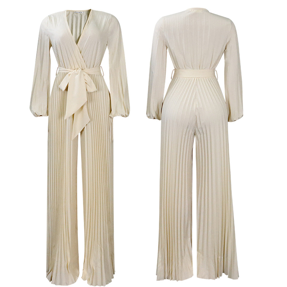 C8468   european and american summer new v-neck sexy tie-up pleated wide-leg plus size foreign trade jumpsuit