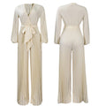 C8468   european and american summer new v-neck sexy tie-up pleated wide-leg plus size foreign trade jumpsuit