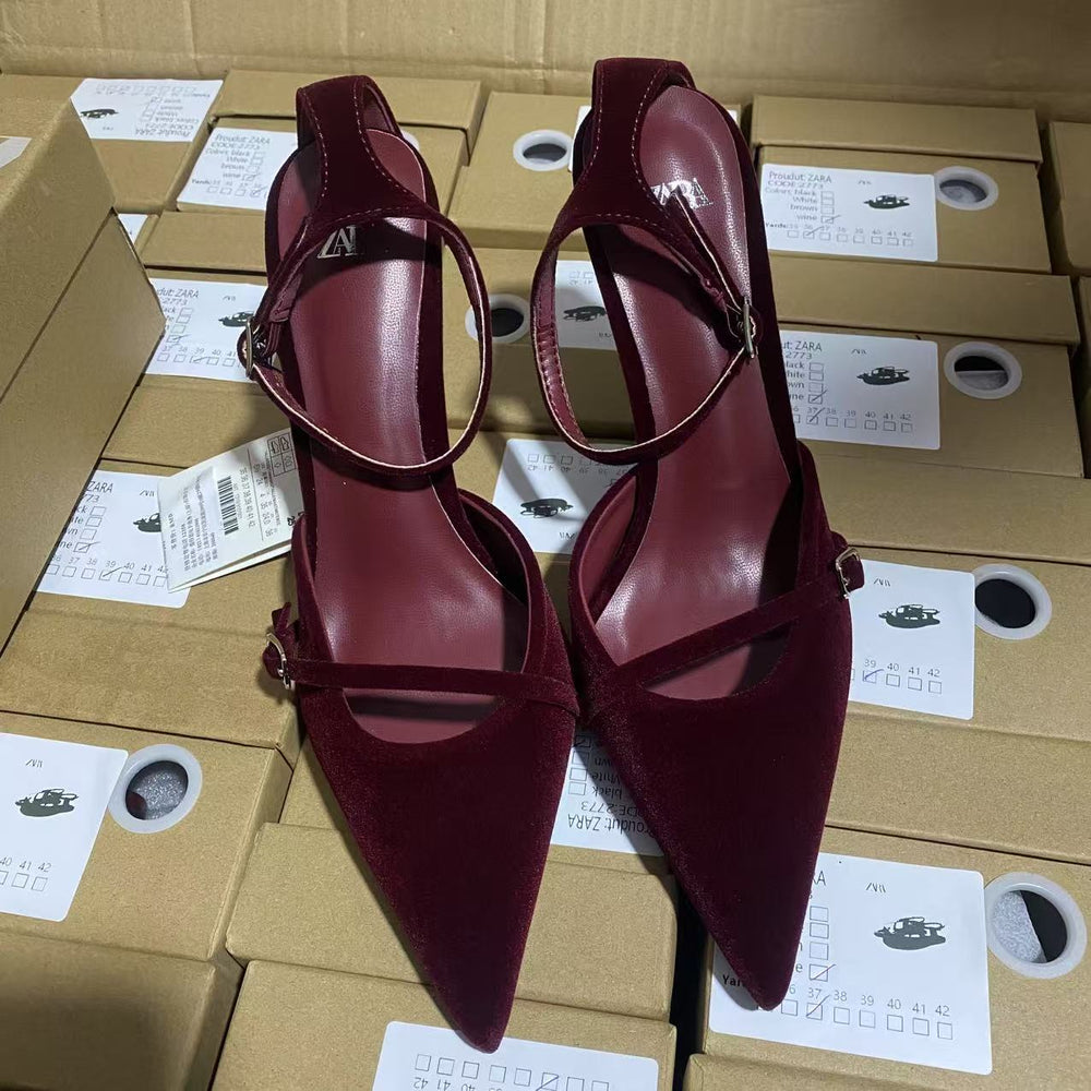 Za2025springnew arrival women's shoes burgundy suede pointed toe flats high heel mules shoes one-word buckle thin strap women's shoes