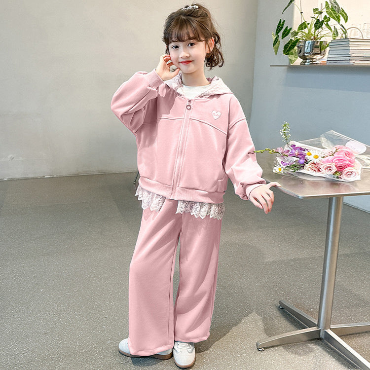 Girls' spring outfit : new stylish casual sporty lace-trimmed hooded jacket two-piece set for spring and autumn